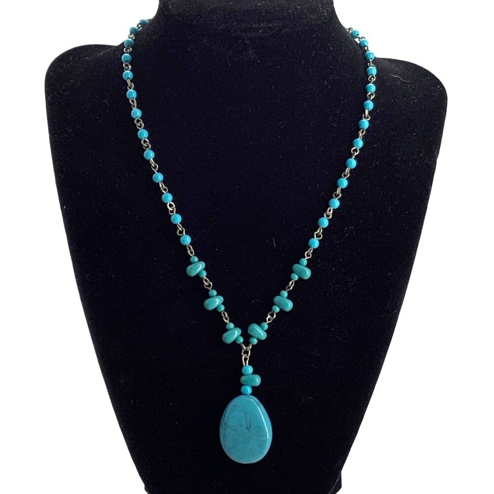 Faux Turquoise Beaded Dangling Pendant Fashion Necklace Southwestern Cowgirl